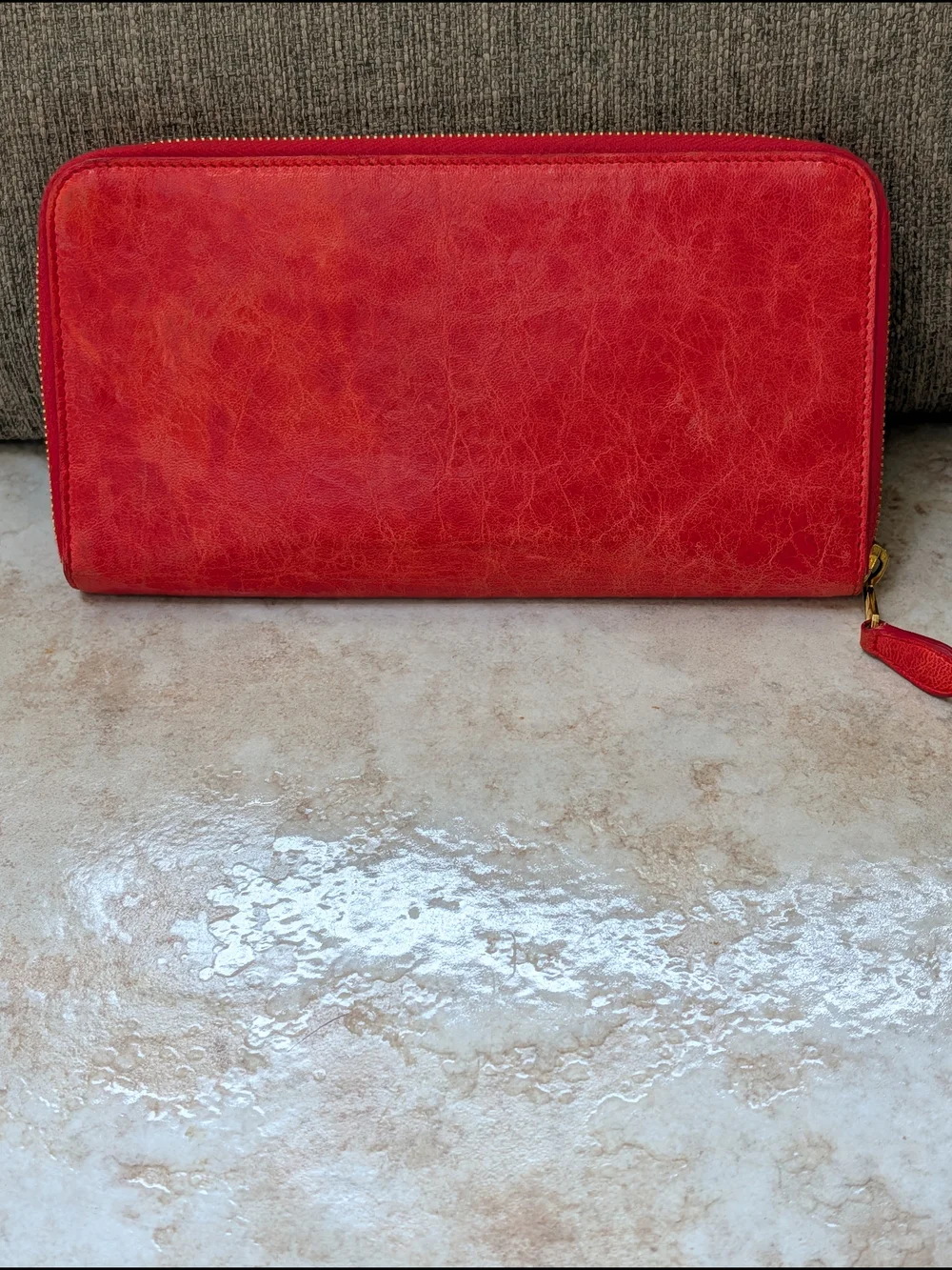Balenciaga Red Zip-Around Leather Wallet with Gold Hardware w COA